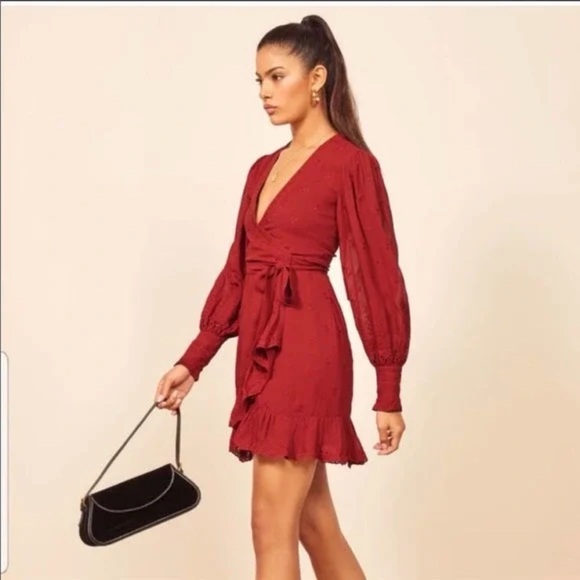 REFORMATION Crimson Clare Embroidered Wrap Mini-Dress - Size Small - Picture 8 of 14